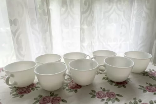 Set Of 8 Vintage PYREX All White Milk Glass Coffee Mugs Tea Cups