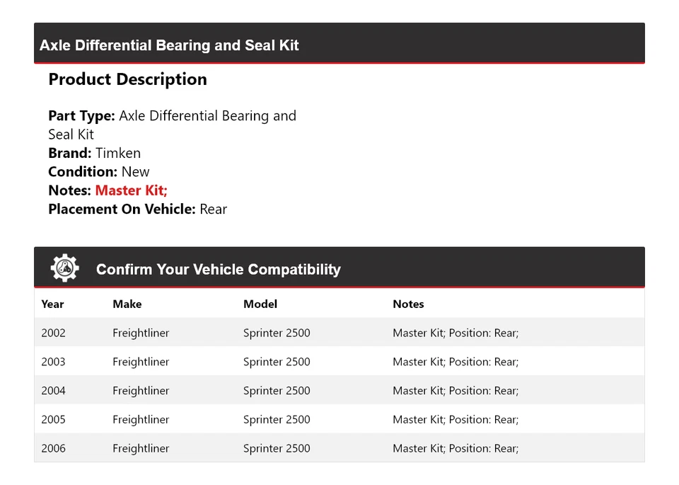 Kit de sello de cojinete diferencial de eje Ti para 02-06 Freightliner Sprinter 2500 Foto 2 de 3