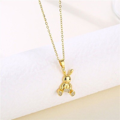 Round Simulated Diamond 925 Silver Women's Rabbit Pendant 14k Yellow Gold Plated