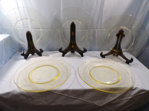 Set of 5 Hazel Atlas Yellow Depression Glass Florentine Poppy #2 Dinner Plates