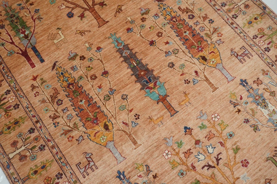 Ковер племенной шерстяной афганский ручной вязки 6 x 8 футов коричневое дерево жизни Gabbeh - Изображение 4 из 4