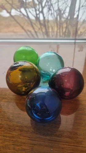 5 Vintage Blenko Hand Blown Art Glass Orbs Spheres Float Balls Blue Amber MCM