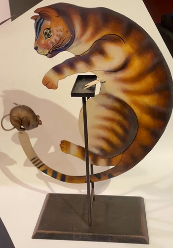 Folk Art Balancing Pendulum Metal Cat Chasing Mouse Balance Toy Display 17 inch! - Video 1 of 1