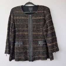 Ming Wang Sapphire Textured Jacket Black Gold Metallic Zipper Front Womens 1X