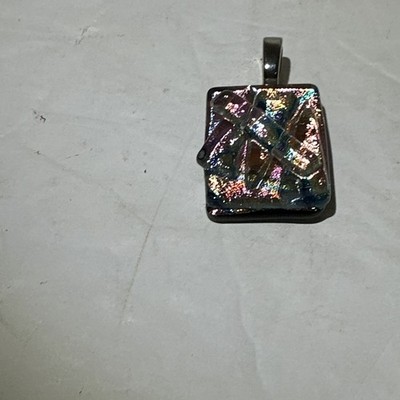 Vintage Dichroic Teal Pink Teal Yellow 3D Rectangle AB Glass Pendant Silver Loop