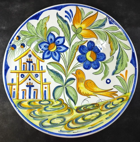 Vintage Gimeno Martinez Ceramic Plate 13 1/2" Spain Bird House Floral Blue GM 55