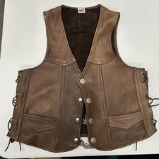 Vintage Leather Biker Vest Mens Large Brown Lace Up Side Buffalo Nickel USA Made