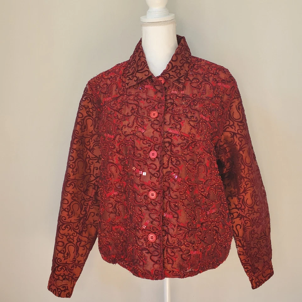 Jaqueta Coldwater Creek XL frisada blazer botão veludo burnout vintage anos 90 - Imagem 3 de 4