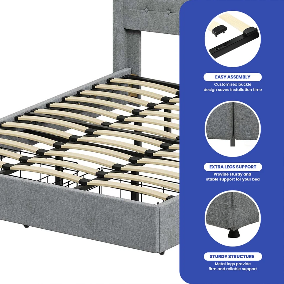 Armação de cama king size com cabeceira estofada espaço de armazenamento e 2 gavetas - Imagem 3 de 4