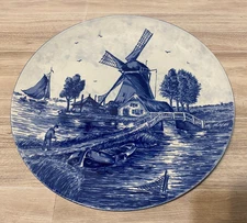 Vintage DELFT Blauw PLATE Windmill Scene Hand Painted HOLLAND 11"