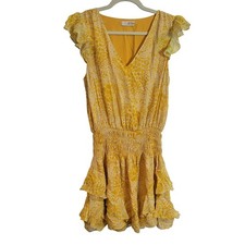 Ramy Brook Silk Yellow White Animal Print Smocked Tiered Mini Dress Women Medium