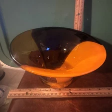 Vintage Teleflora Orange Amber Purple Multi Color Art Glass Bowl Vase 9” Wide
