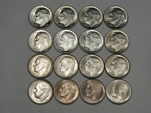 16 BU Roosevelt Silver Dimes: 1953 (2), 53-d (1), 52-d (5), 53-s (3), 54-d (5).