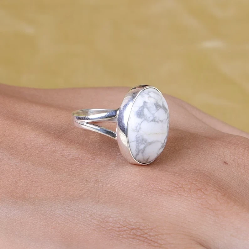 Naturale Howlite Anello 925 Argento Sterling Stile Bohemien Appariscente Natale - Immagine 3 di 4