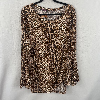 Crazy Train Top Womens 3XL Plus Size Brown Cheetah Print Bell Sleeve Boho NEW