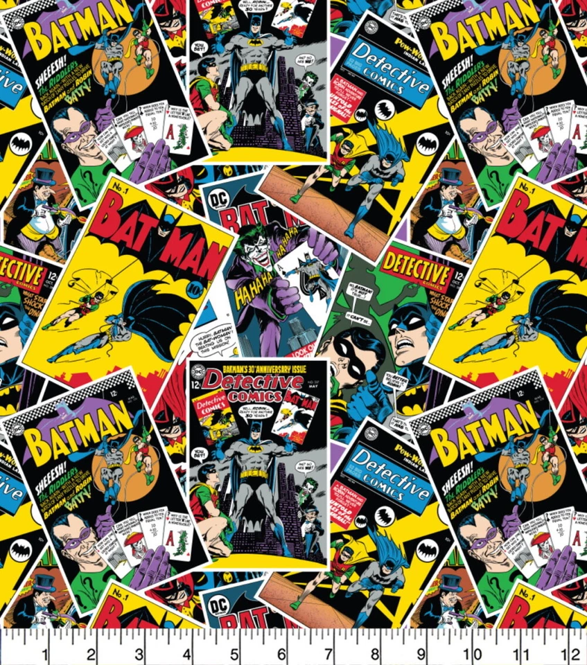 CAMELOT Batman Posters Fabric 112cm wide 100% Cotton Postcards Multi