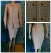 ST JOHN Collection Knit Beige Jacket Skirt L 10 2pc Suit Gold Buttons Scoop Neck