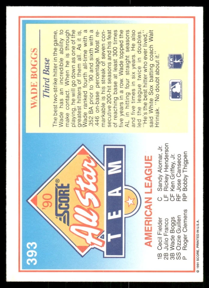 1991 Score #393 Wade Boggs - Image 2 of 2