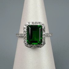 Natural Emerald 4Ct Emerald Cut Halo Wedding Ring 14K White Gold Plated Silver
