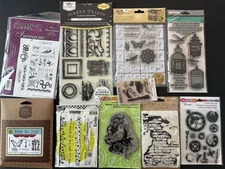 Collage Mixed Media LOT 133 pcs +Stencils Unmounted Stamps Unity Prima Graphic45