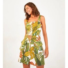 Farm Rio Spotted Leaves Utility Linen Mini Dress with Pockets Large Tropical