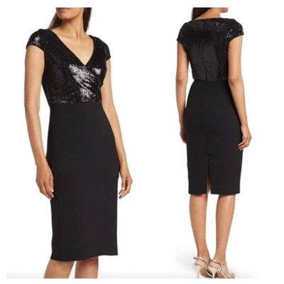 Dress The Population Sheath Dress Women Small Black Sequin V-Neck Midi New