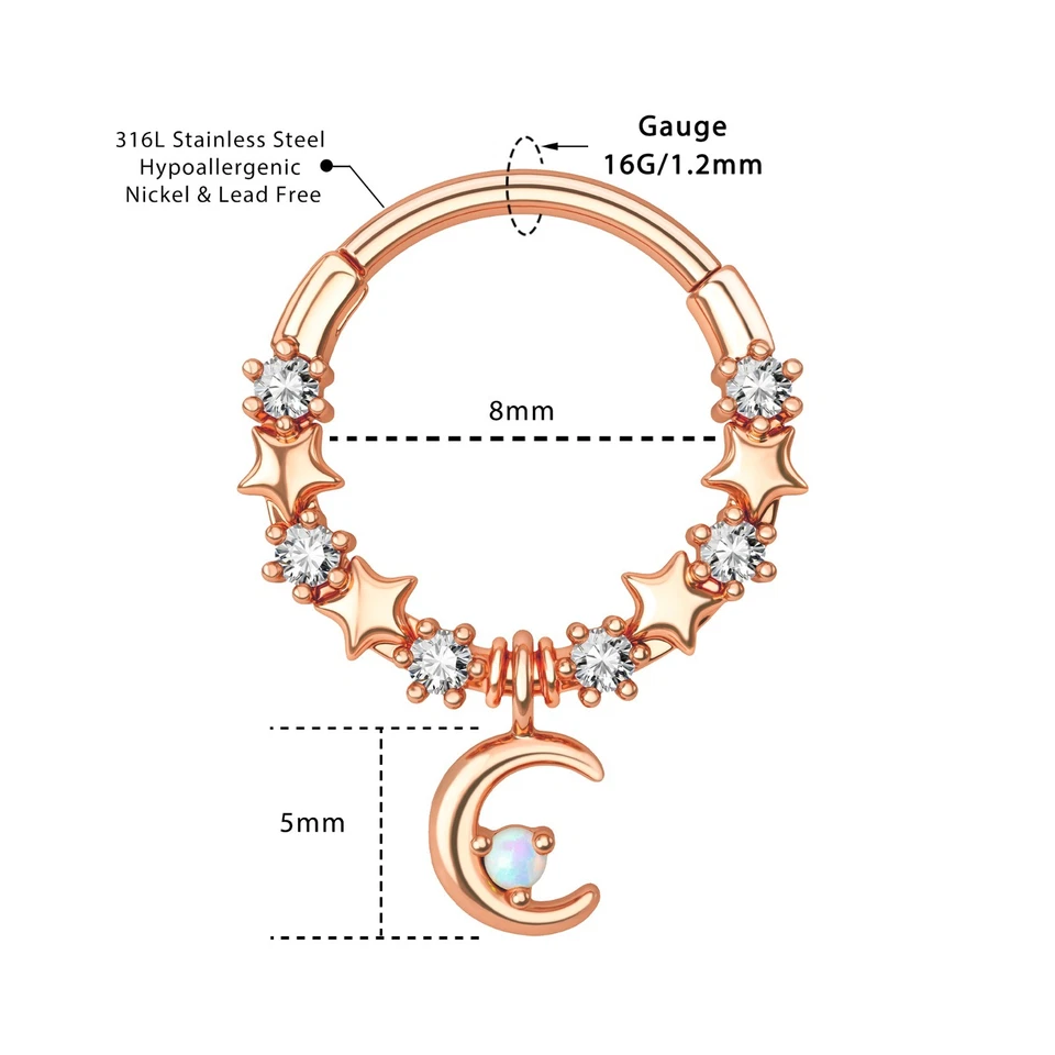 CZ Opal Cartilage Earrings Septum Clicker Stainless 16G Helix Snug Piercing - Image 2 of 4