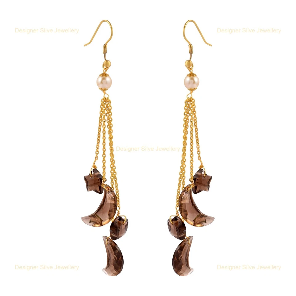 Покрытые желтым золотом серебряные серьги-висячие с корнем чакры дымчатый кварц камень жемчуг - Изображение 4 из 4