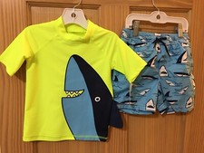 New Carter's Shark Rash Guard Shirt Trunk Shorts Swim 2pc Set UPF 50 Neon Green