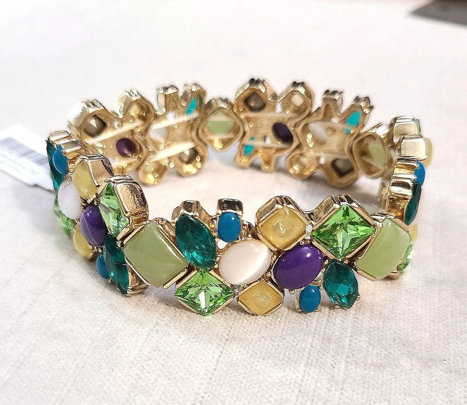 Coldwater Creek Gold-Tone “Mosaic” Stretch Bracelet Multicolor Glass Stones NWT - Image 2 of 4