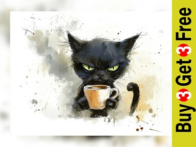 Grumpy Coffee Cat 5''x7'' Druck auf mattem Papier | Humorvolles Aquarell Tierkunst