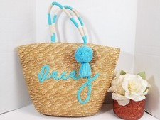 Mud Pie Beach Straw Word Tote Blue Vacay - Blue Pom Poms #8613366bl