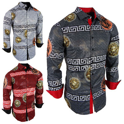 Mens Shirt Italian Stripe Lion Animal Print Bronze Sheen Stretch Slim Fit Button