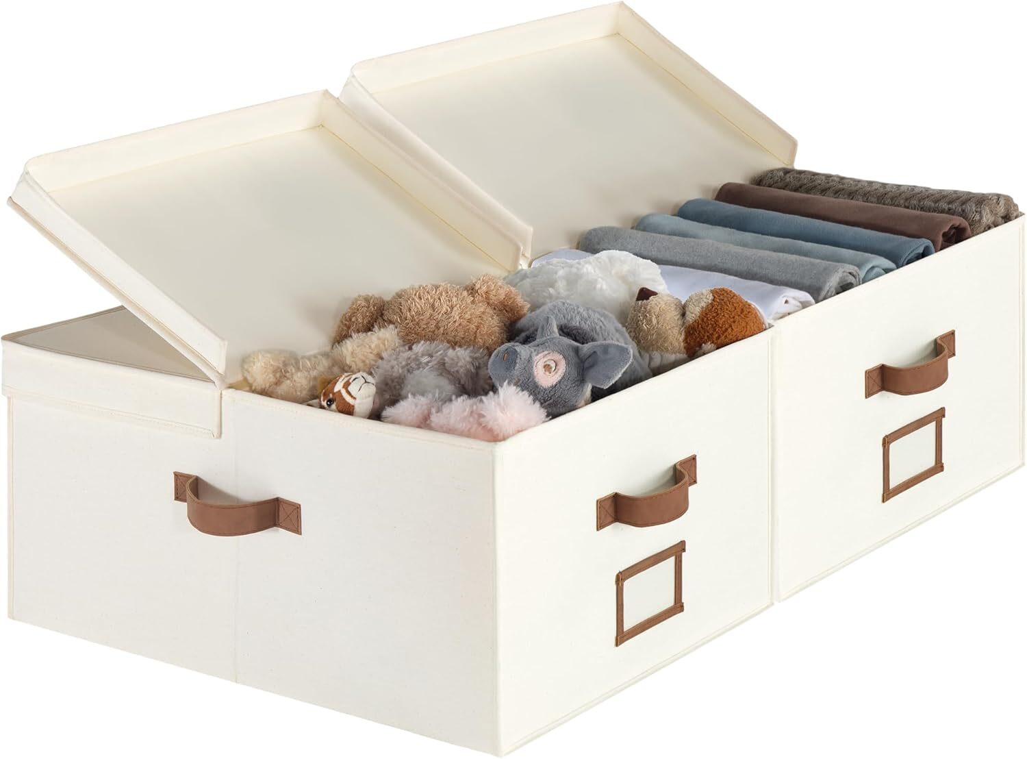 Fabric Storage Baskets with Double-Open Lid and Divider Board Ivory White,2-Pack-image
