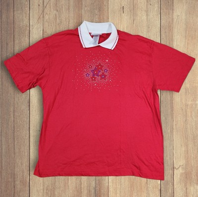 Vtg L Morning Sun Red White Blue Rhinestone Stars Short Sleeve Collared T-shirt