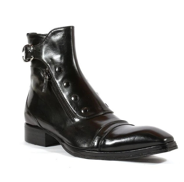 Handmade Men's Pure Black Side Button, Zipper Monk Strap High Ankle Dress Boots