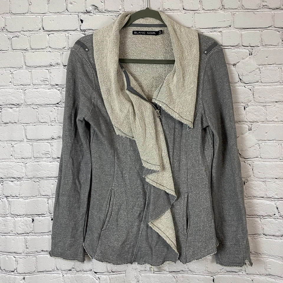 Blanc Noir Moto Zip Ruffle Front Sweater Jacket Cotton Raw Trim Gray Women M - Image 2 of 4