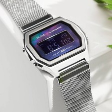 Image of Casio A1000M-1B Premium Vintage Digital Watch Silver Mesh Band Steel A1000