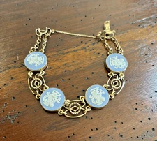 Wedgwood Blue Jasperware 1/20  12K GF Van Dell 4 Cherub Angel Cameo Bracelet