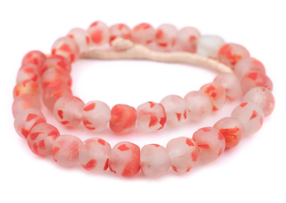 Speckled Neon Red Recycled Glass Beads 18mm Ghana African Sea Glass Round - Image 3 of 3
