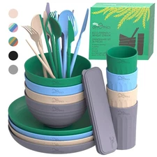 Wheatstraw Dinnerware Set for 4 - Camping Dishes & Utensils - Microwavable Pl...