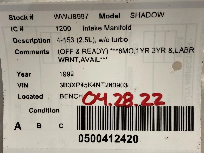 Colector de admisión 4-153 2,5 L compatible con 89-95 ACCLAIM 1549336 Foto 4 de 4