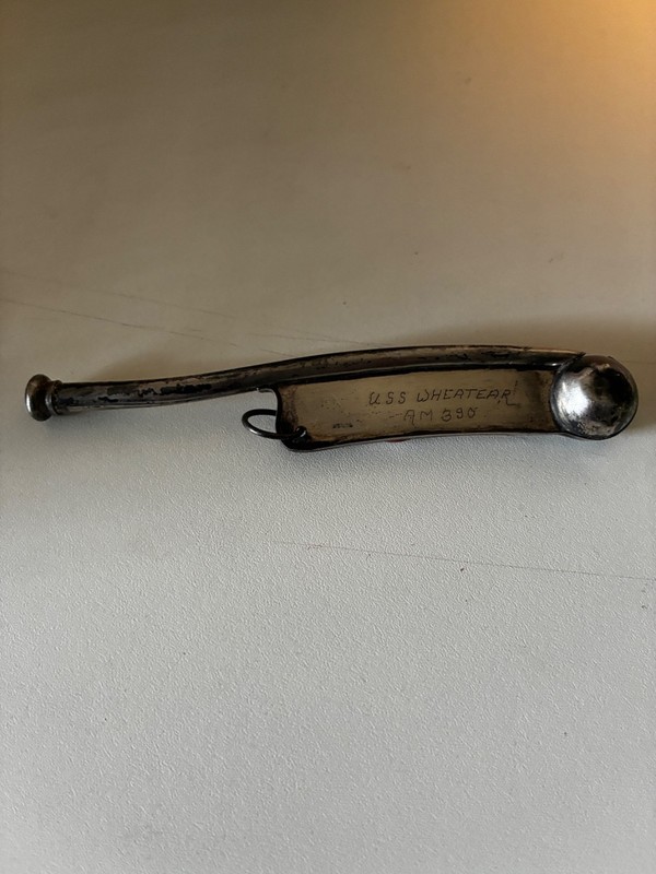 VTG ORIG 1940'S WWII STERLING  BOSUNS WHISTLE U.S.S. AM 330 WHEATEAR U.S. NAVY