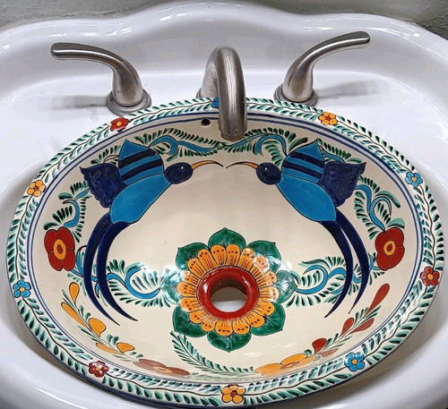 17" X 14" Mexico SINK drop in or undermount handmade ceramic 1990's Birds Floral