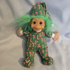 Vintage Russ Berrie Christmas Troll Doll Green Hair Candy Cane Pajamas 1990s