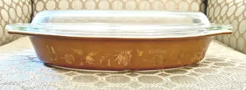 Vintage Pyrex Brown & Gold Federal Eagle 1.5 QT Divided Casserole Dish MCM w/LID