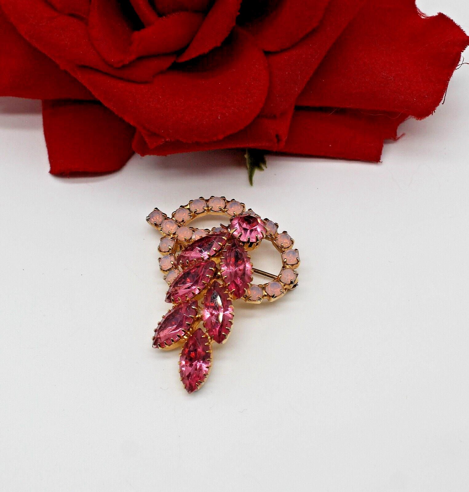 Vintage Pink Imitation Opal Rhinestone  Pin Brooch CAT RESCUE