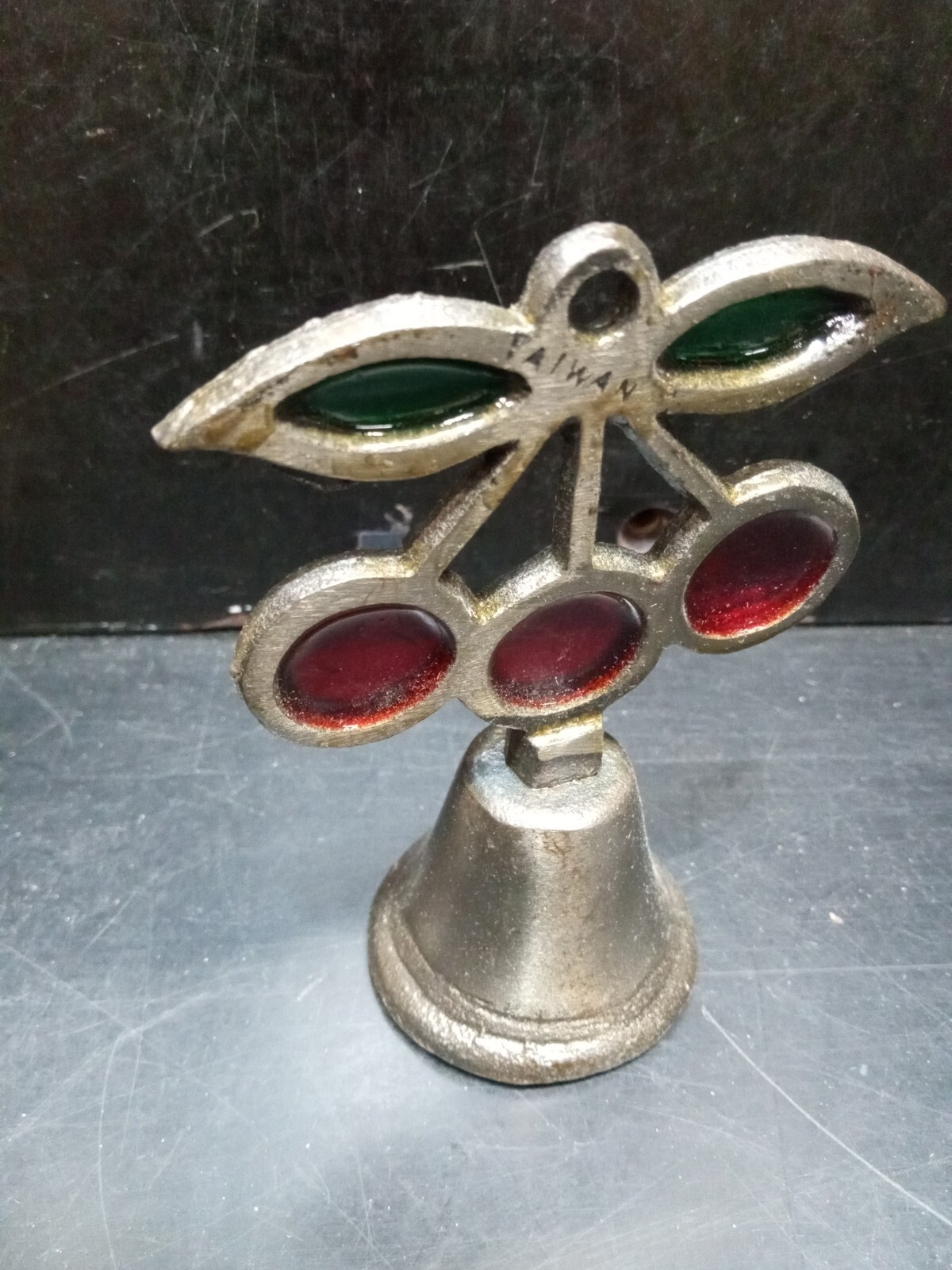 Vintage 1950's Cherries Dinner Bell, Stained Glass Cast Iron Green Leaves