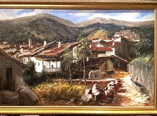 Benedicto (Spanish), Original Extra Large O/C Spanish Village Landscape, Signed!