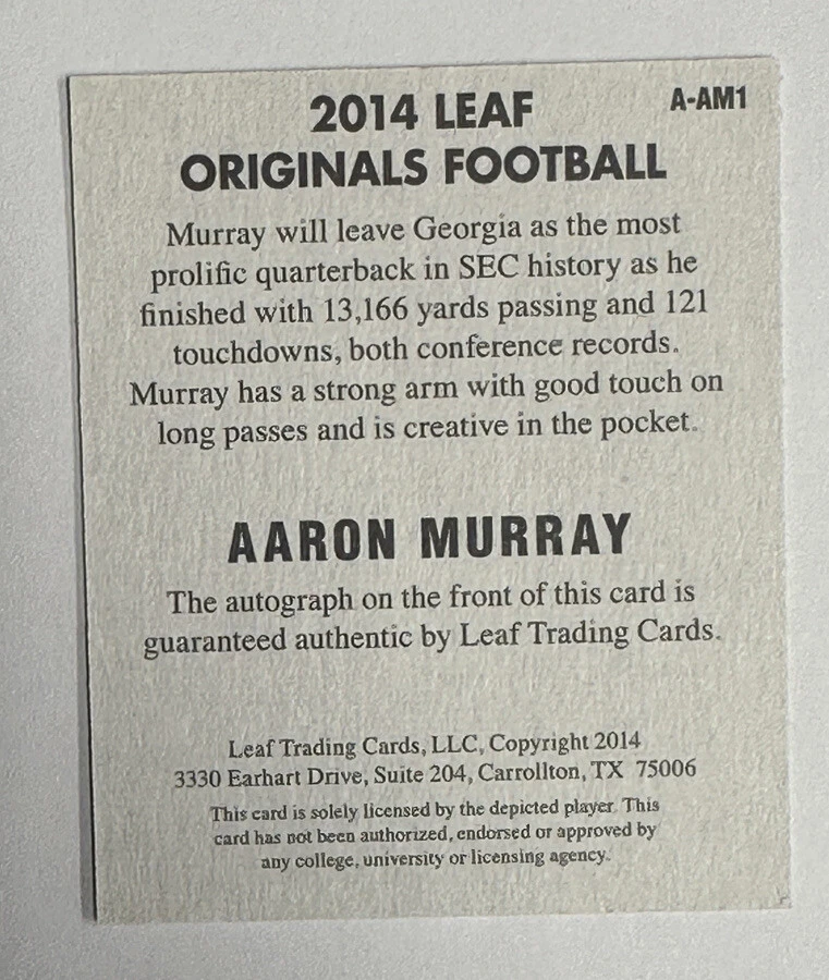 2014 Leaf Originals Aaron Murray Auto #A-AM1 - Image 2 of 4